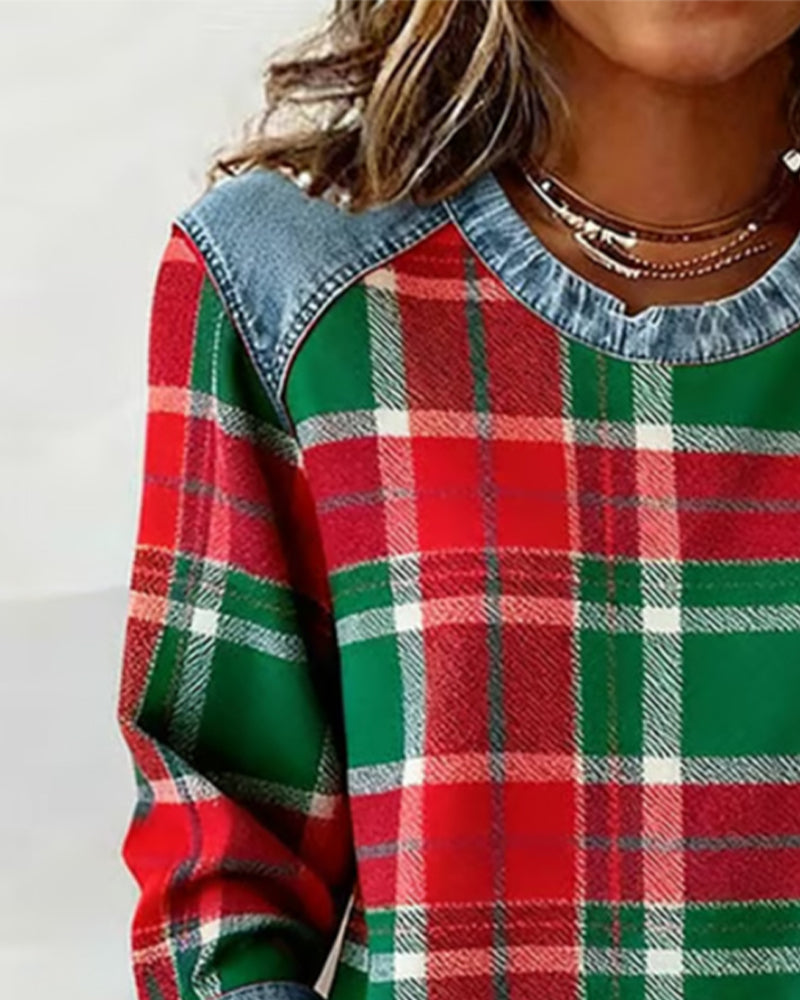 Anna & Julia® | Sweter w kratę z jeansowymi detalami