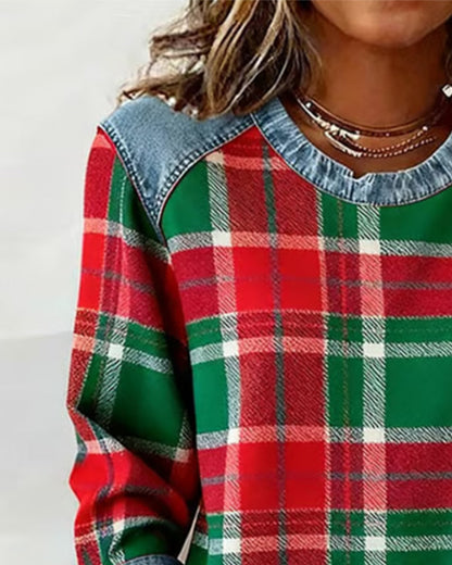 Anna & Julia® | Sweter w kratę z jeansowymi detalami
