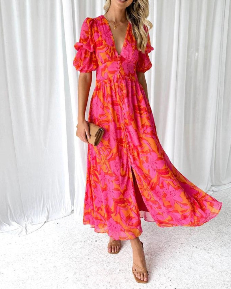 Anna & Julia® | Elegancka sukienka maxi z dekoltem V i bufiastymi rękawami