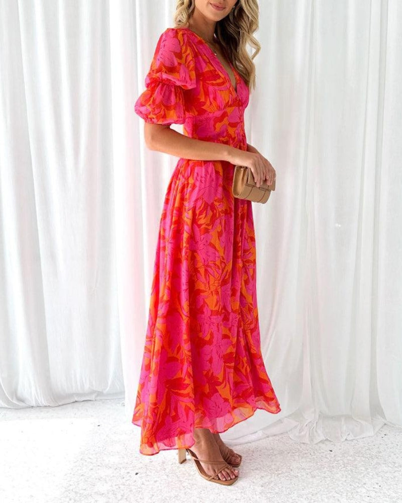 Anna & Julia® | Elegancka sukienka maxi z dekoltem V i bufiastymi rękawami