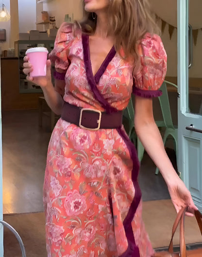 Anna & Julia® | Elegancka różowa sukienka maxi z krótkimi rękawami